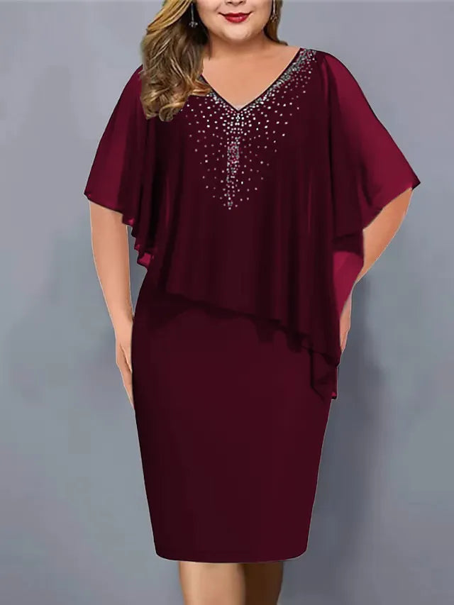 Novelia - Rhinestone-Embellished Chiffon V-Neck Dress