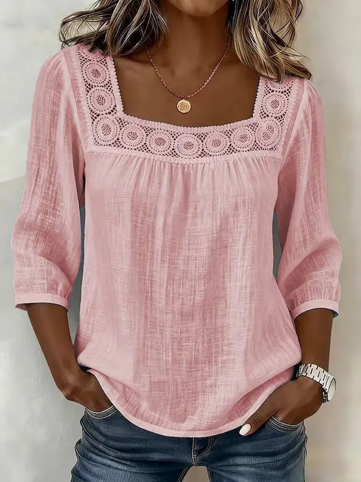 Nozomi - Square Neck Lace Patchwork Blouse