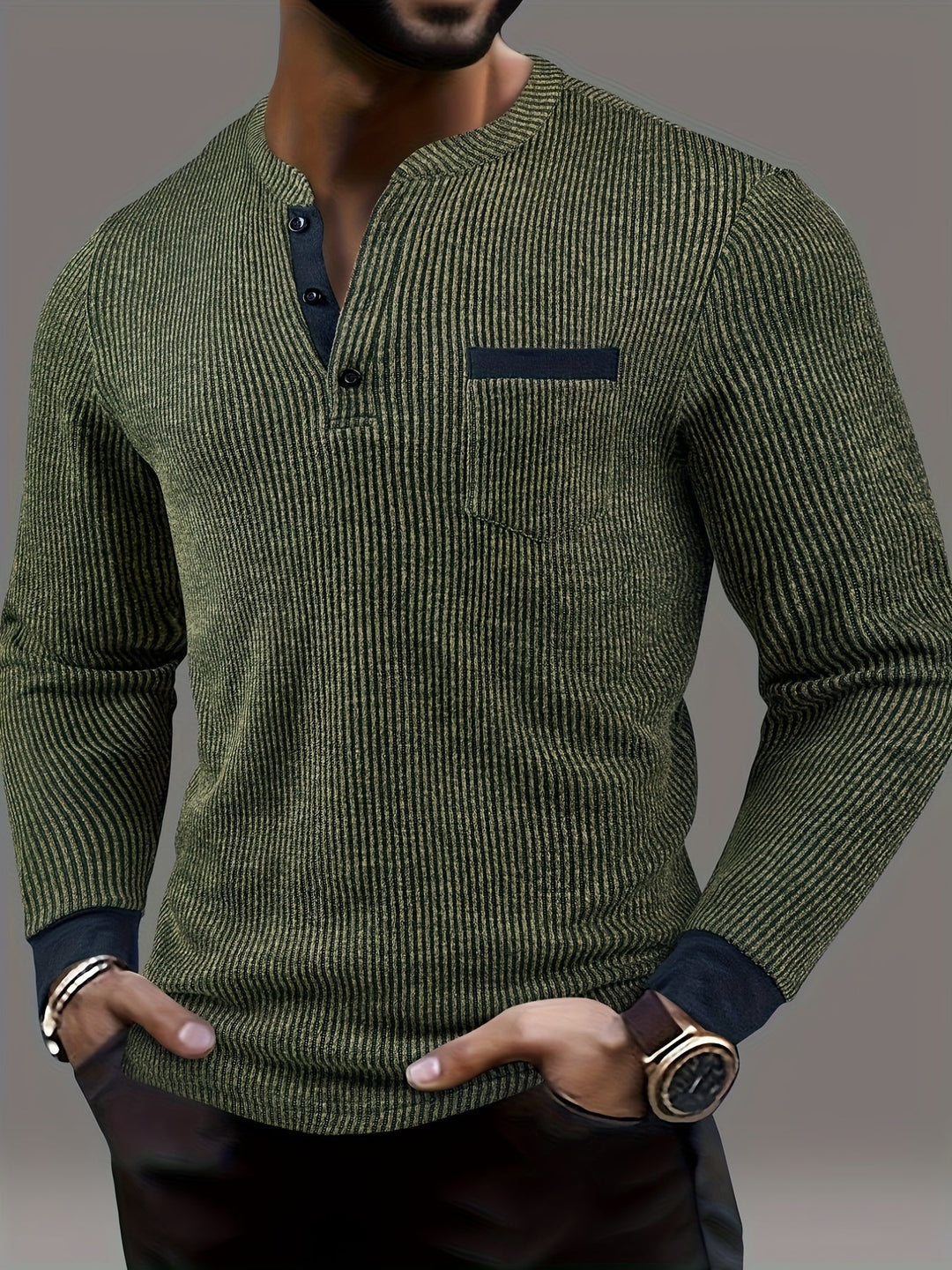 Lorcmir - Textured Striped Collar Long Sleeve Henley Shirt