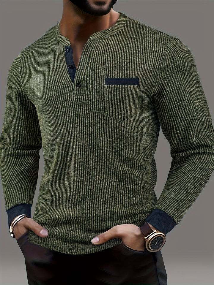 Lorcmir - Textured Striped Collar Long Sleeve Henley Shirt