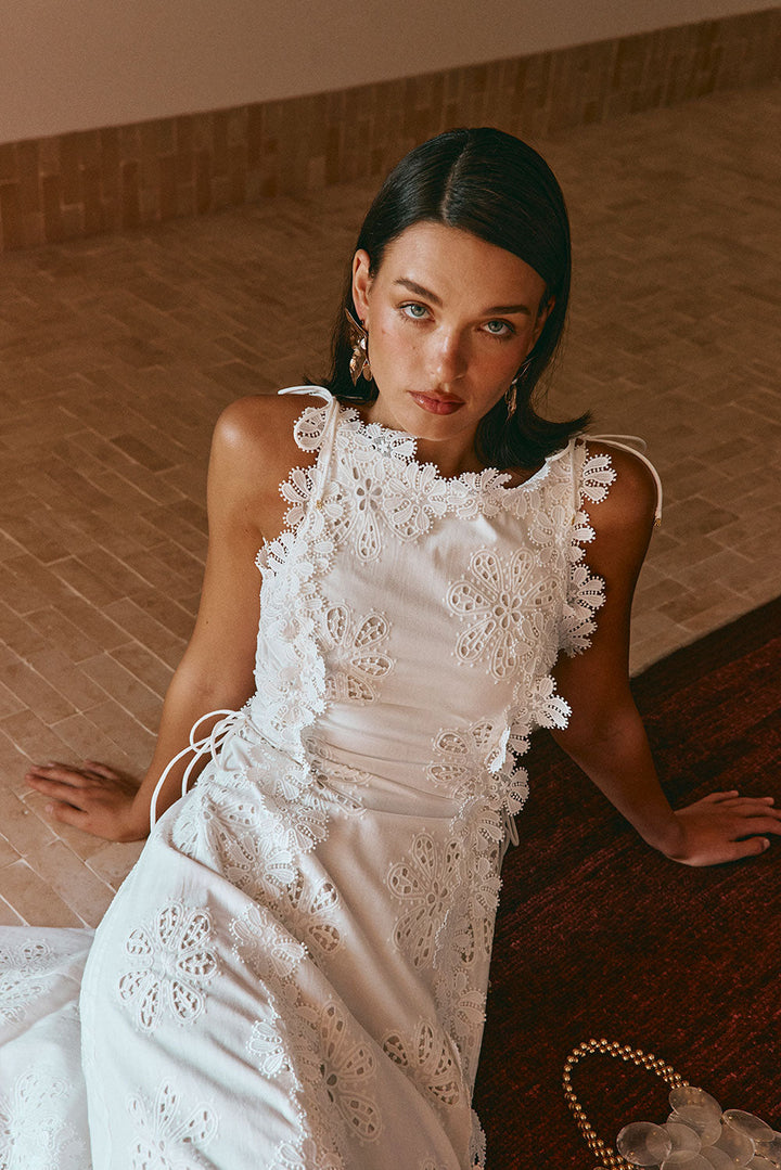 Loreina - Embroidered Flower Trim Maxi Dress