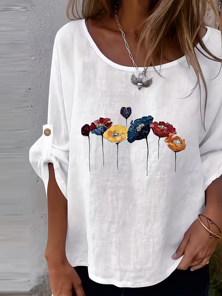 Soleelis - Floral Print Roll-Tab Sleeve Loose Top