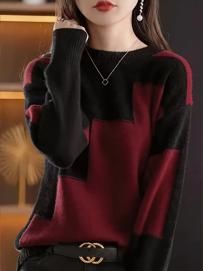 Marvelle - Color Block Crew Neck Long Sleeve Sweater