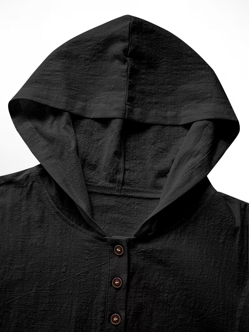 Bouchra - Loose Solid Color Hooded Short Sleeve Front Button