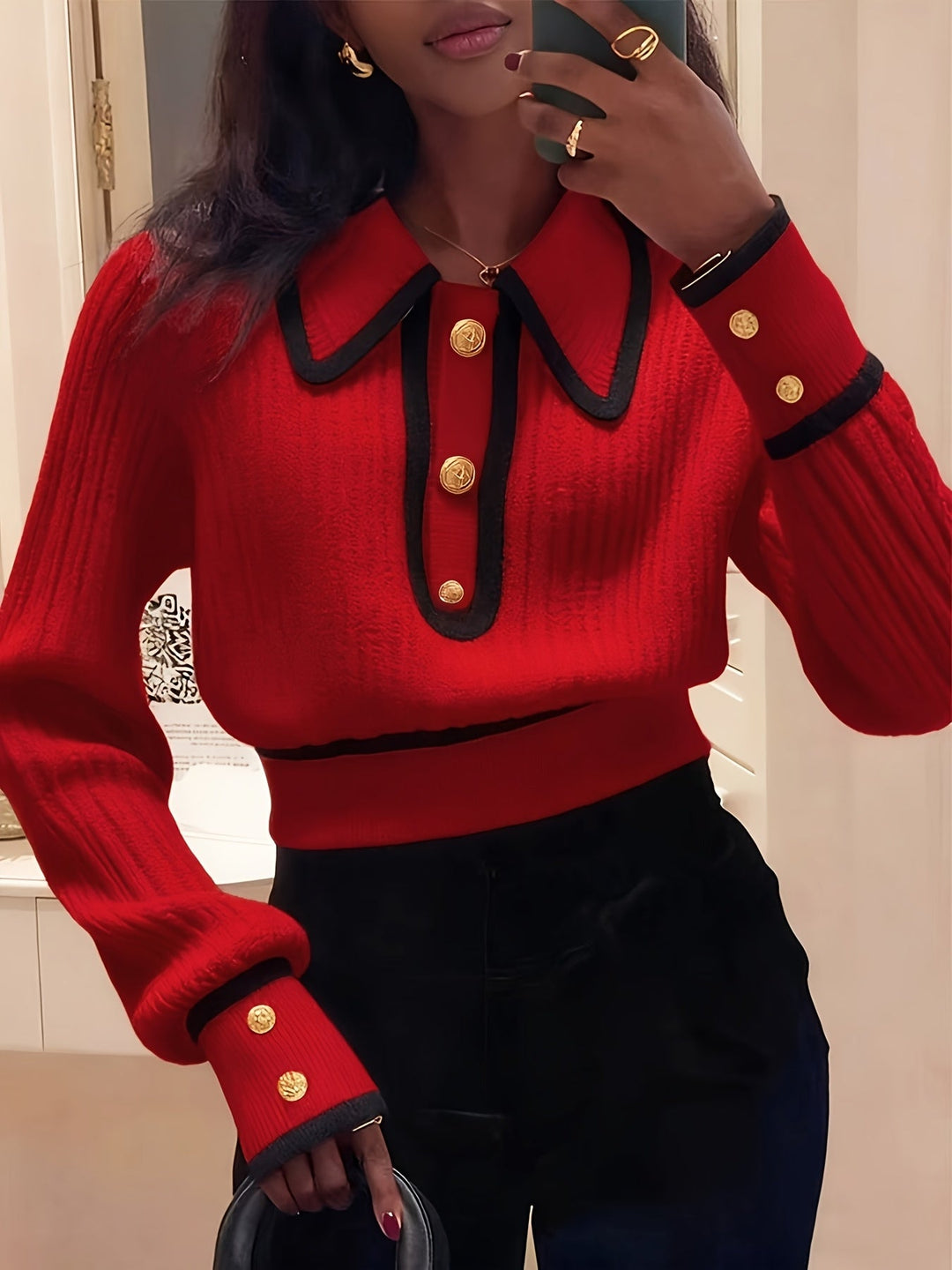 Roweina - Long Sleeve Contrast Trim Button Sweater