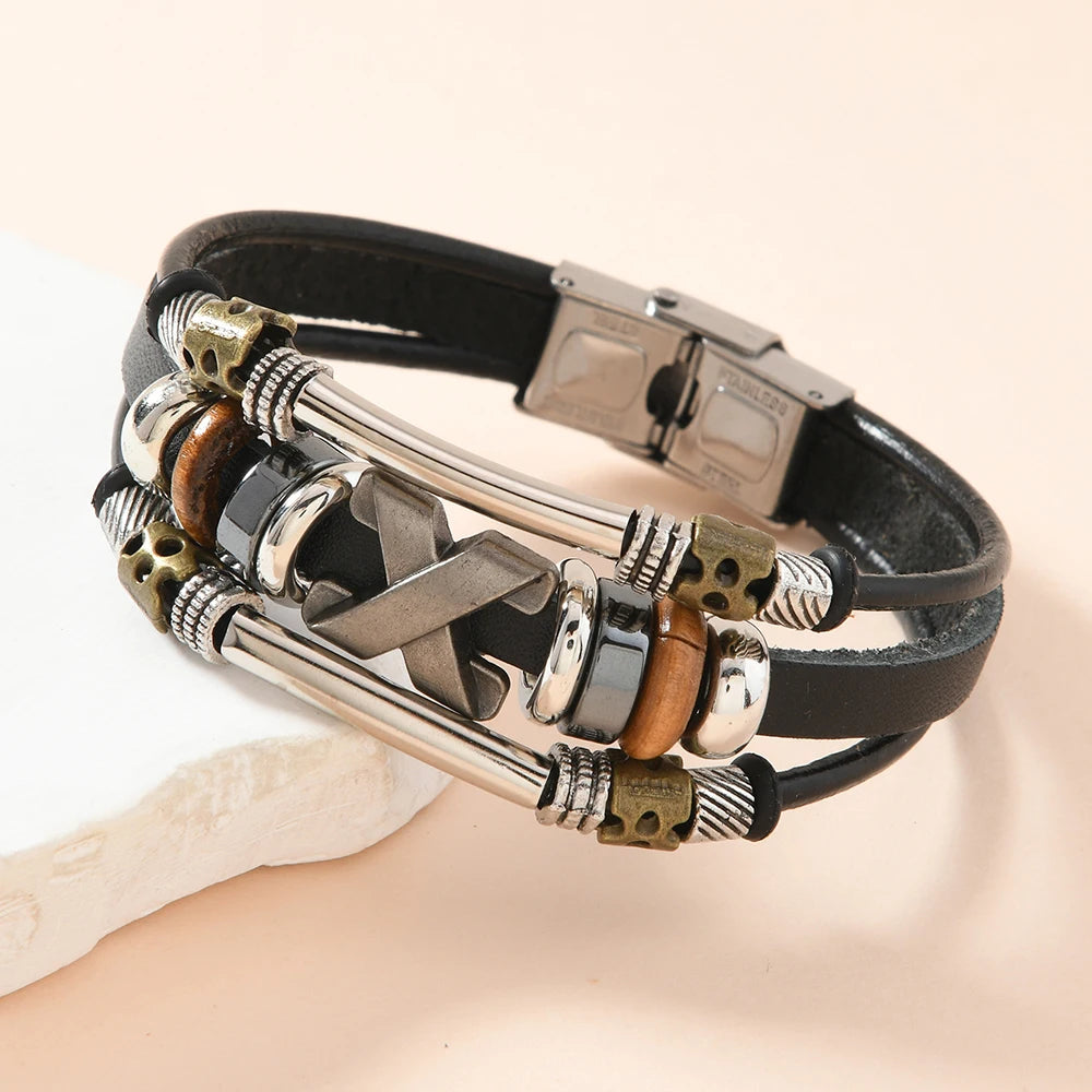 Garland - Multi-Layer Cross Leather Cuff Bracelet