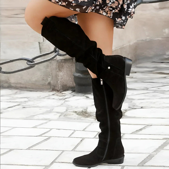 Lucrelle - Leather Knee High Boots With Side Zipper
