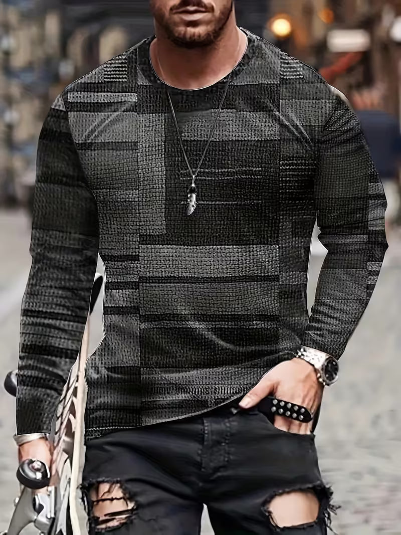 Dravric - Patchwork Geometric Print Long Sleeve Shirt