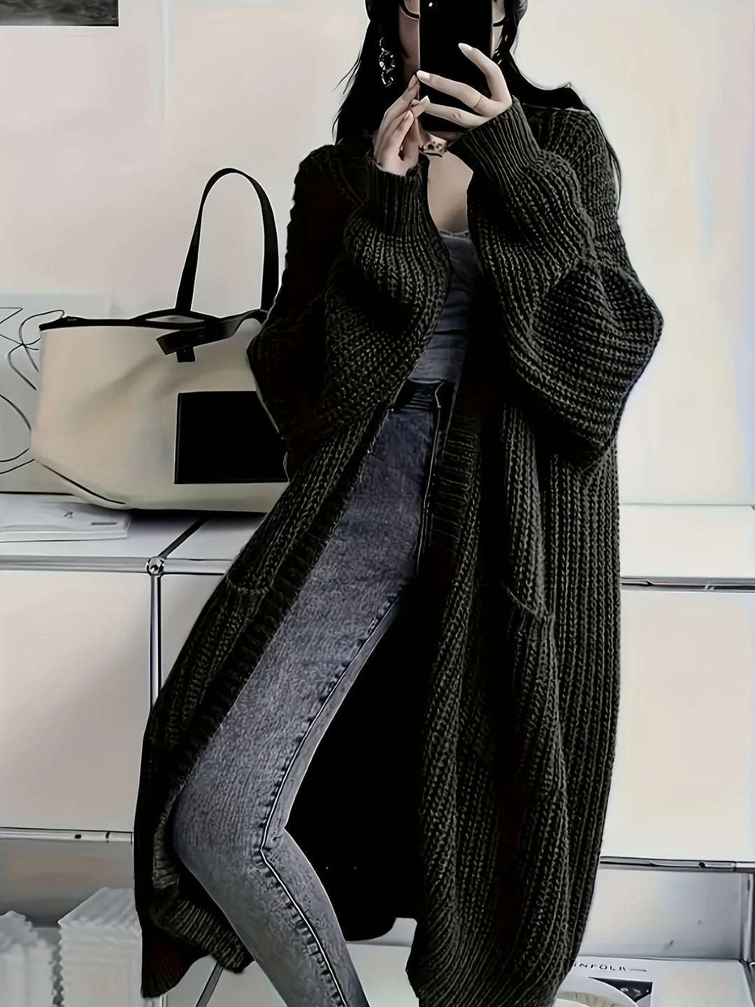 Maveoruna - Cozy Open Front Long Knit Cardigan With Pocket