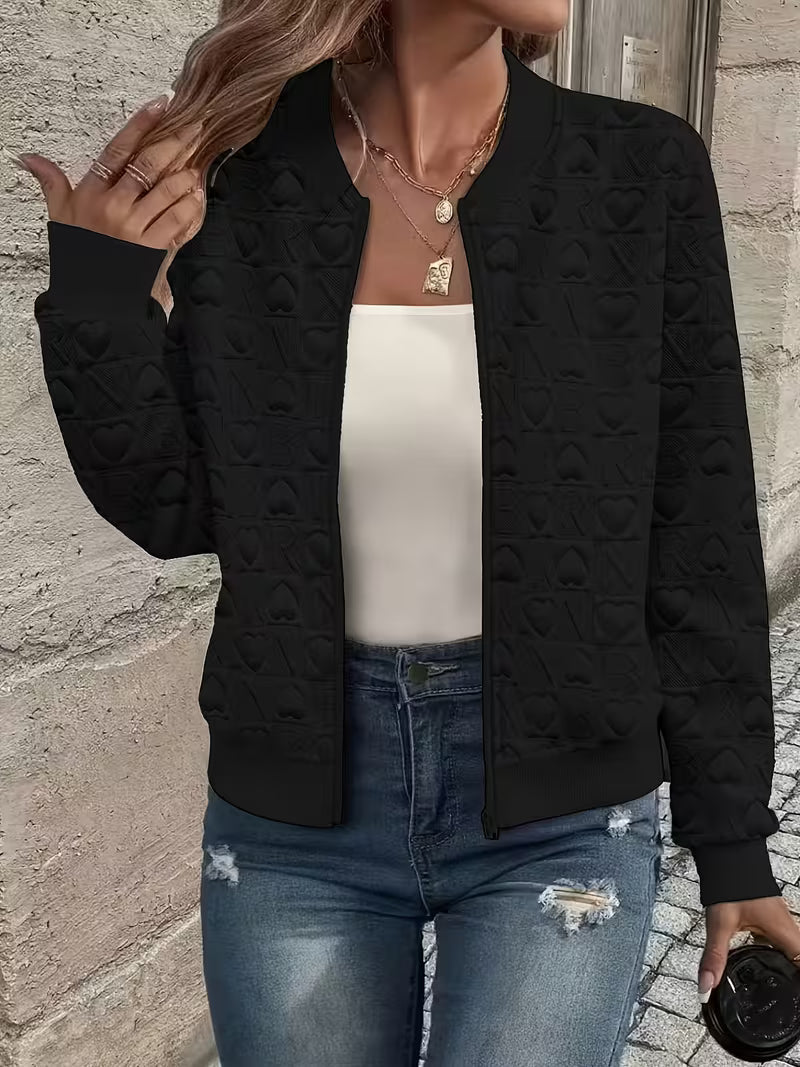 Mileisine - Embossed Heart Pattern Zip-Up Jacket