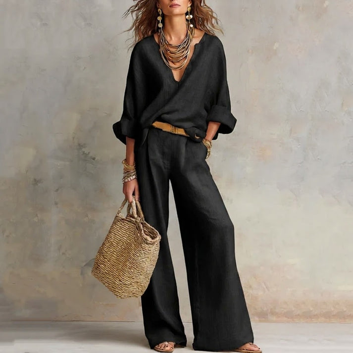 Ilaina - V-neck Top And Wide Leg Trousers Set