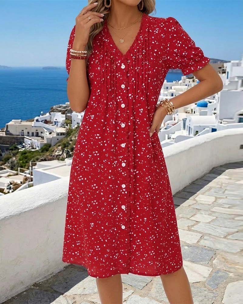 Dayma - Floral V-Neck Button Front Dress