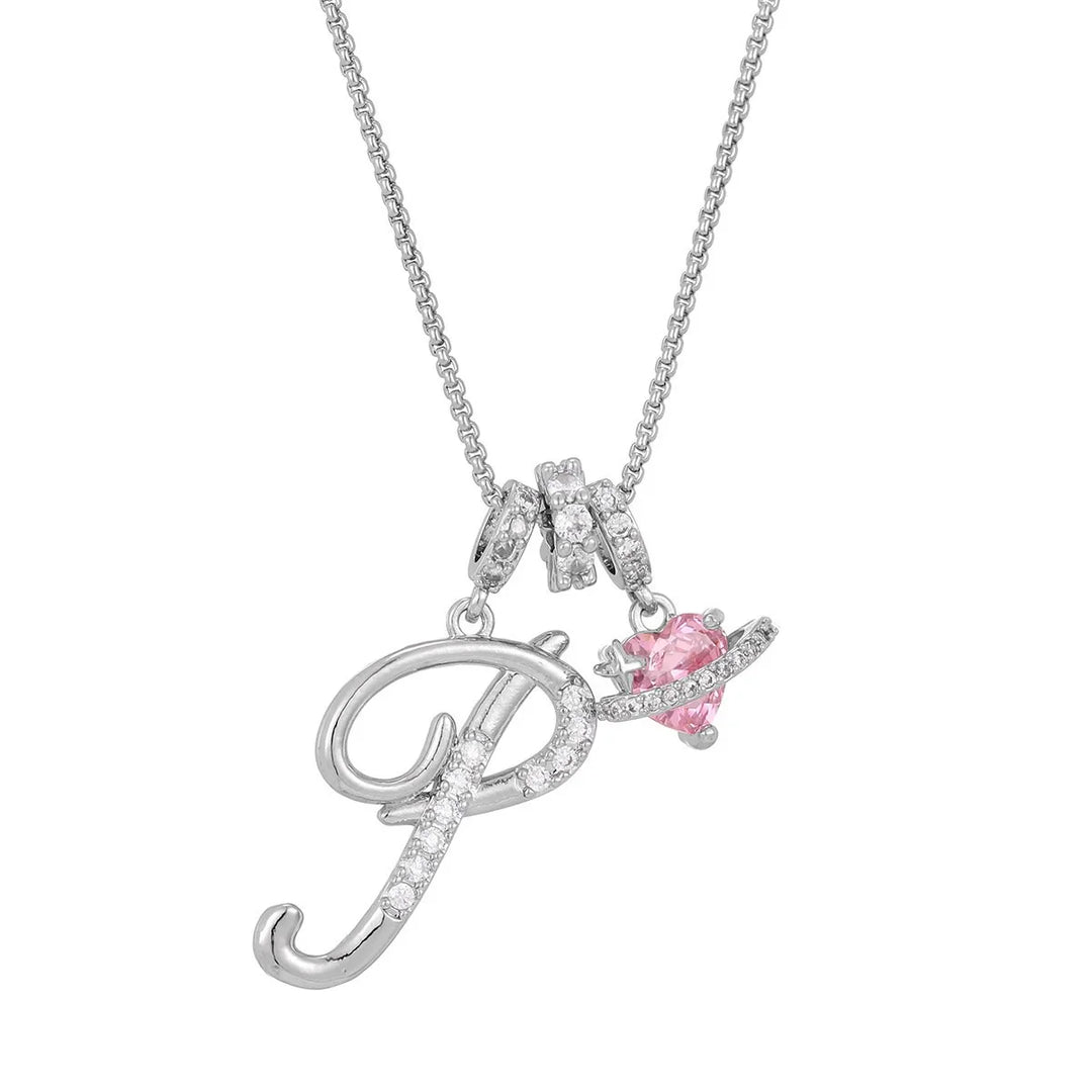 Nerute - Initial Letter Necklace With Pink Heart Charm