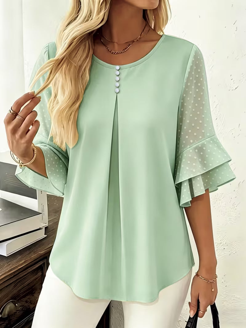 Hurley - Round Neck Blouse With Sheer Ruffle Sleeves