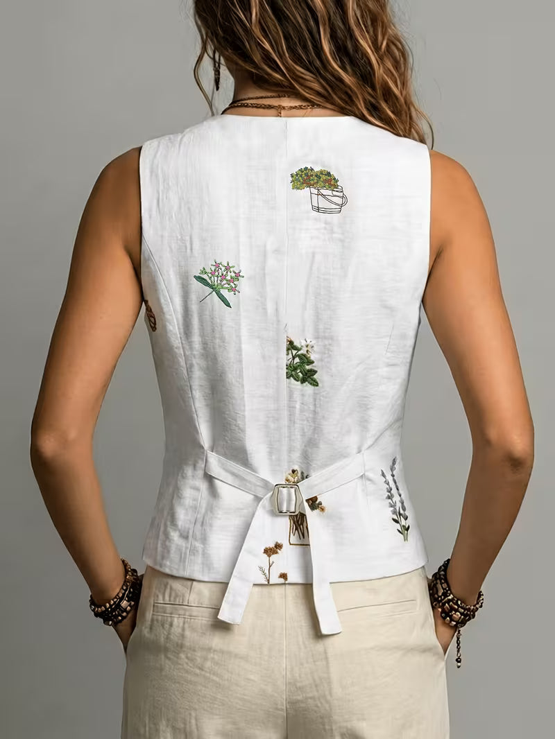 Zarelle - Embroidered Sleeveless Linen Vest