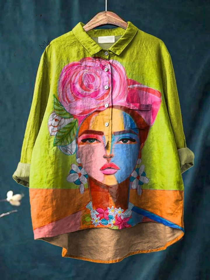 Cherily - Portrait Print Button-Up Shirt