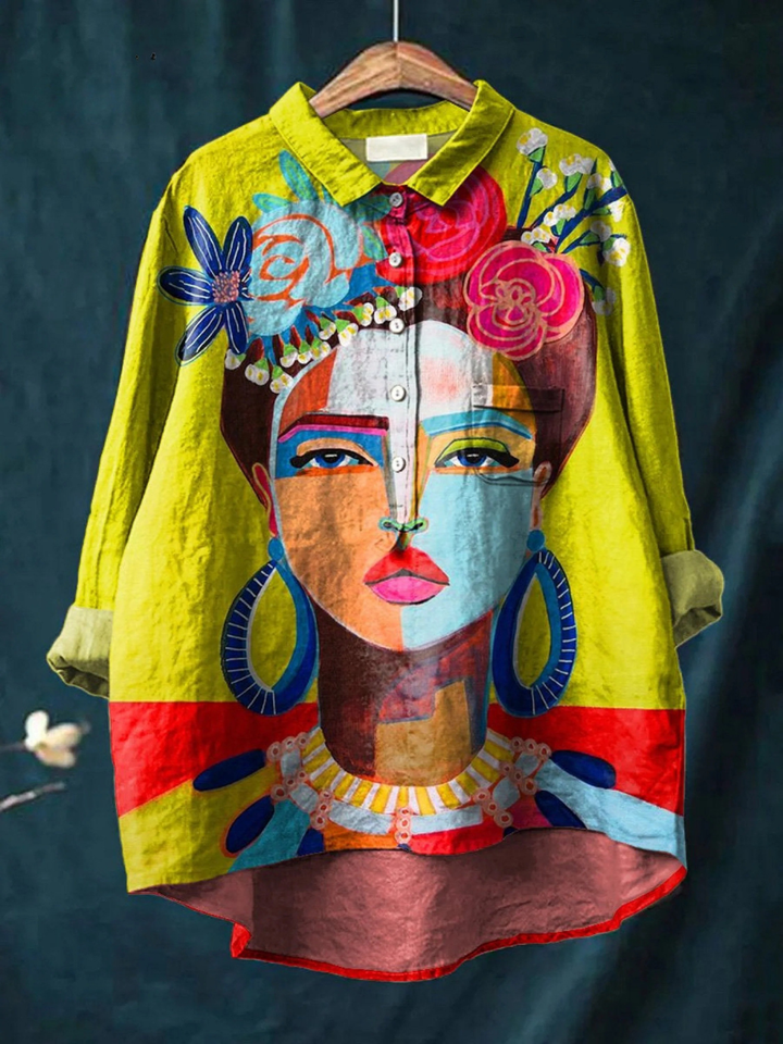 Cherily - Portrait Print Button-Up Shirt
