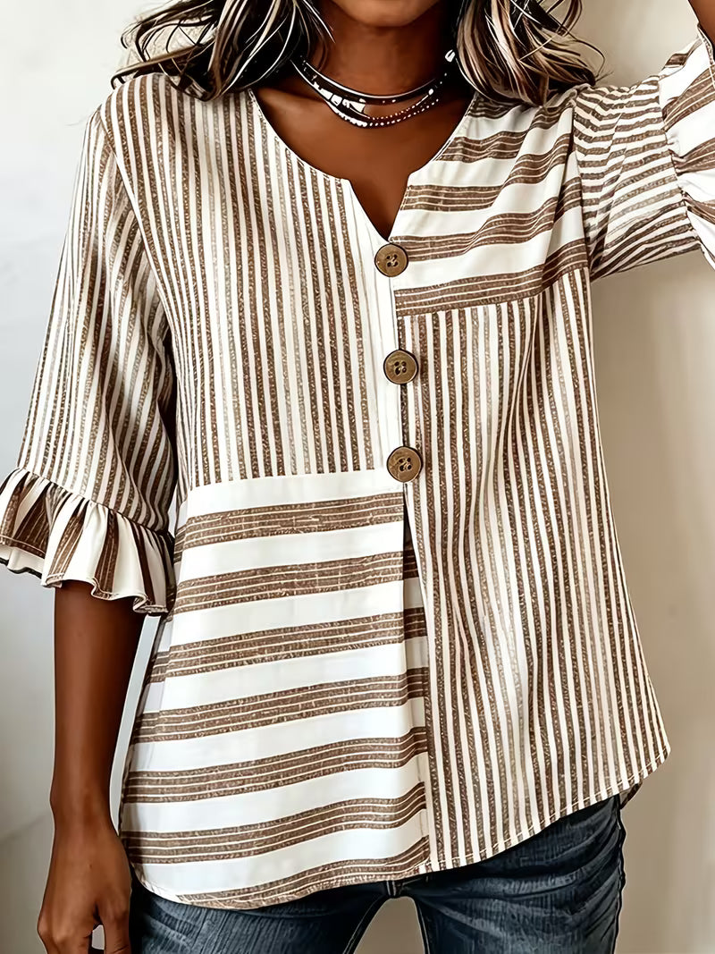 Avyra - Striped Patchwork Ruffle Sleeve Button Top