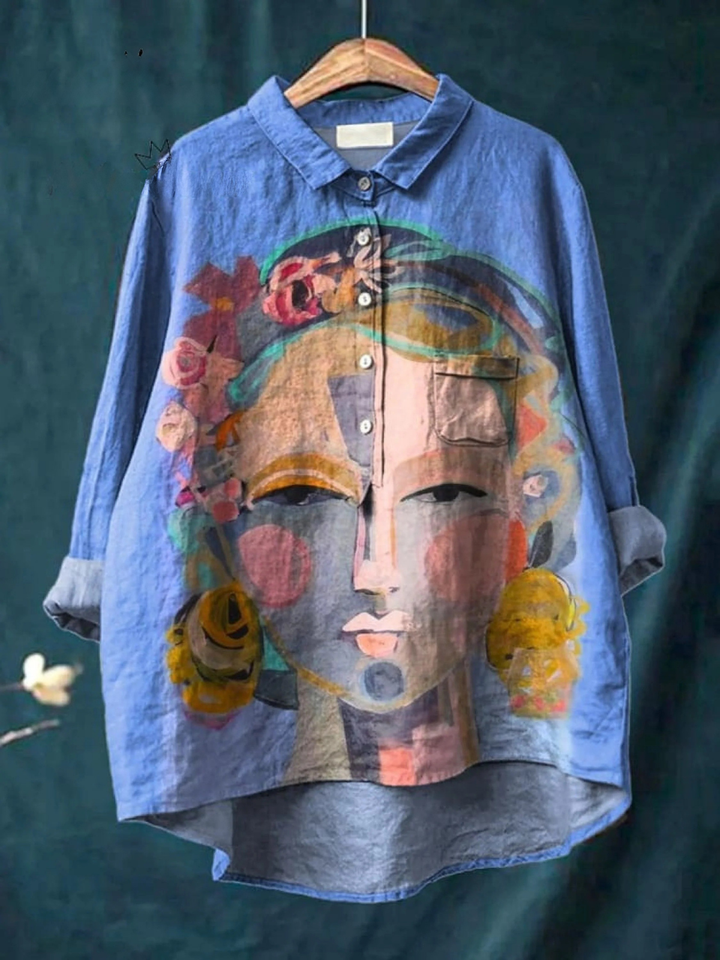 Cherily - Portrait Print Button-Up Shirt