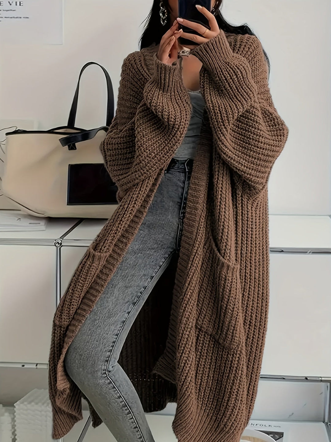 Maveoruna - Cozy Open Front Long Knit Cardigan With Pocket