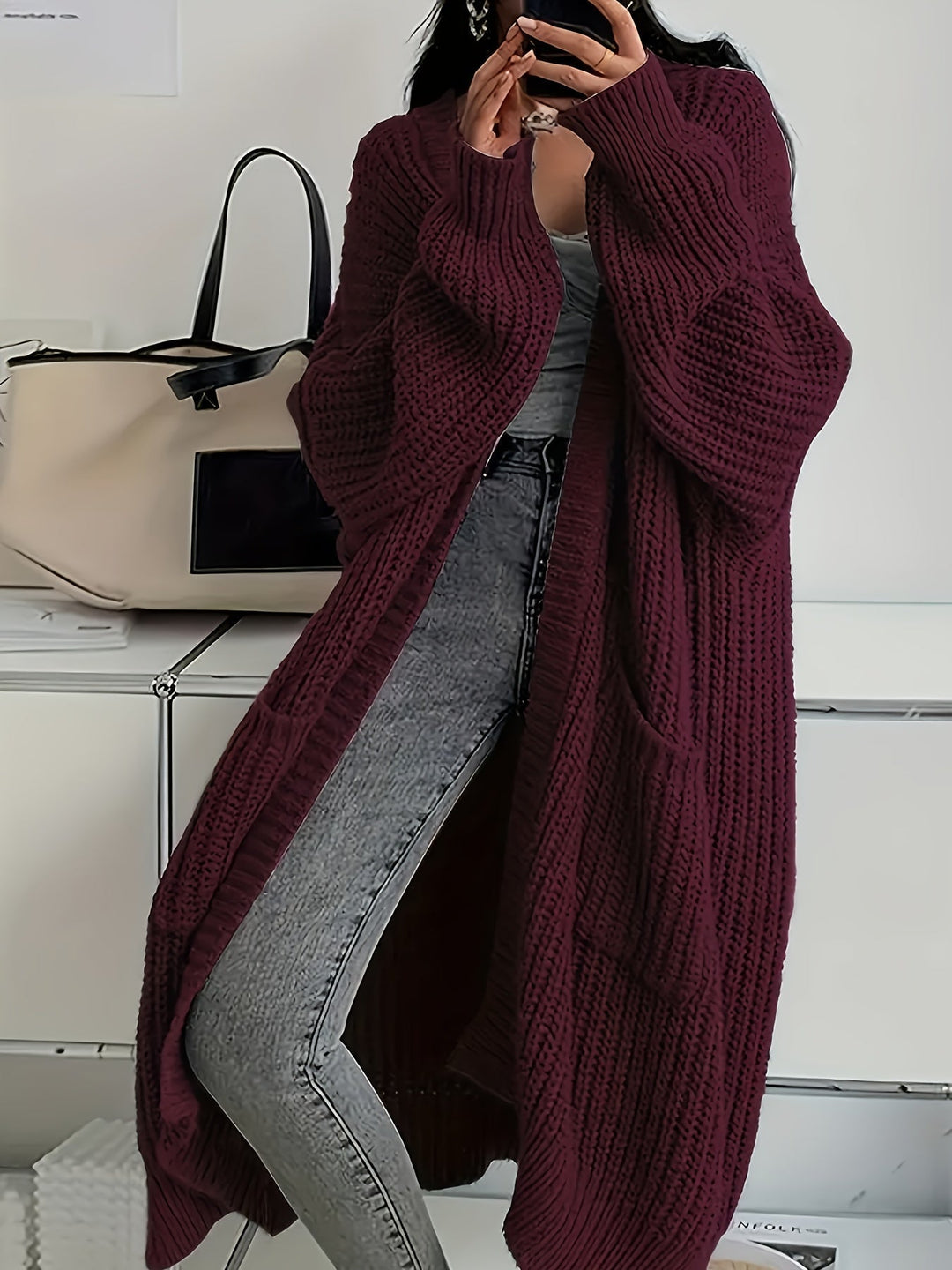 Maveoruna - Cozy Open Front Long Knit Cardigan With Pocket