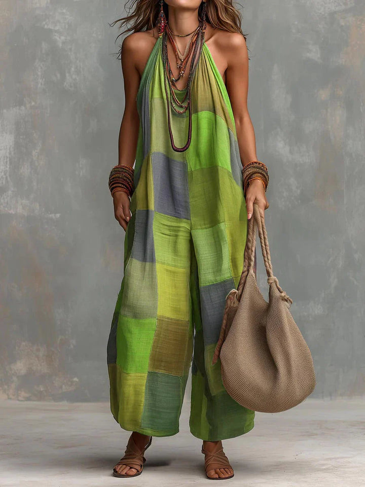 Meriny - Patchwork Halter Neck Jumpsuit With Wide Leg