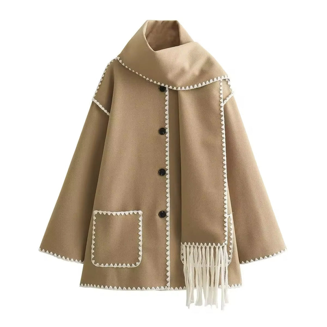 Anelinoria - Embroidered Fringe Coat With Matching Scarf