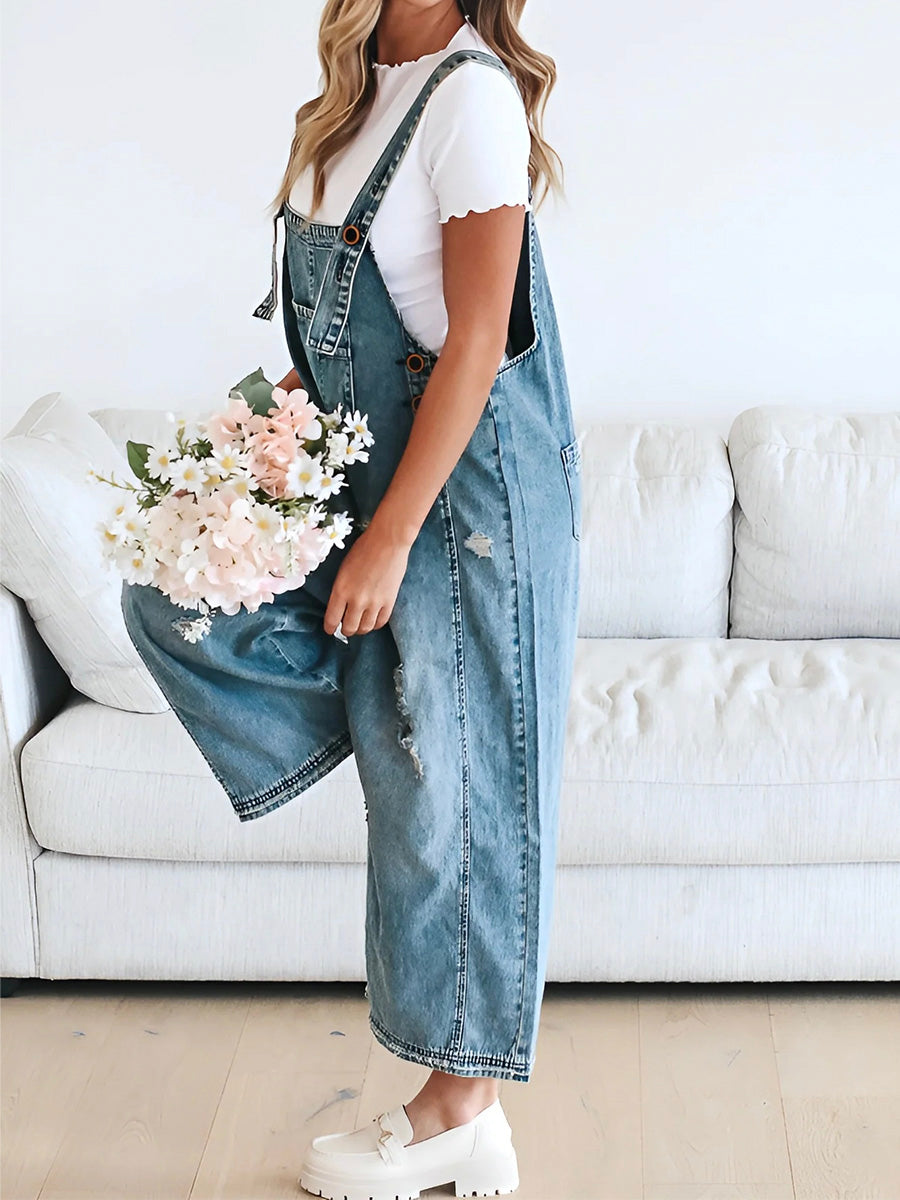 Clarice - Loose Fit Distressed Denim Overalls
