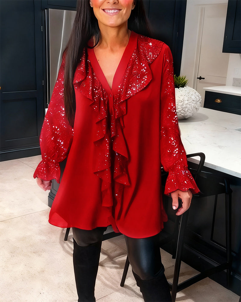 Alexiss - Sparkle Ruffle V-Neck Blouse