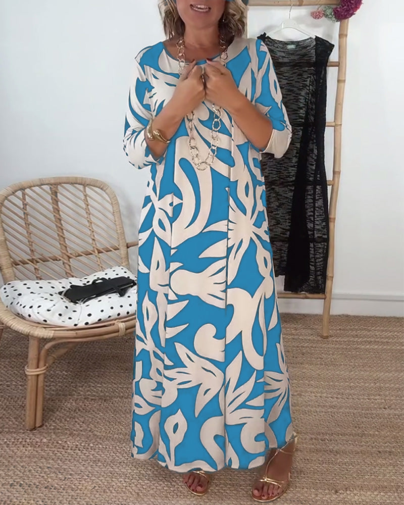Halina - Round Neck And Long Sleeves With Print Dress