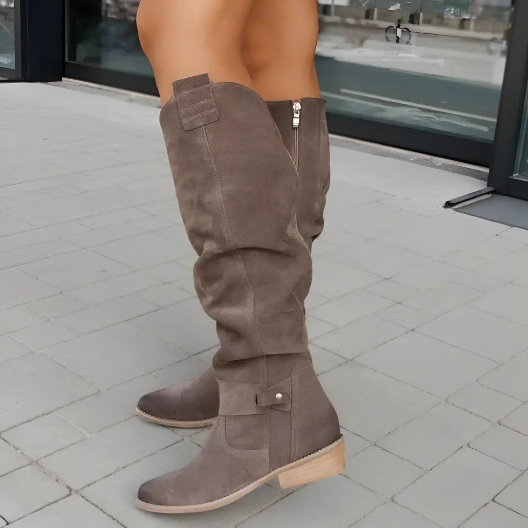 Lucrelle - Leather Knee High Boots With Side Zipper