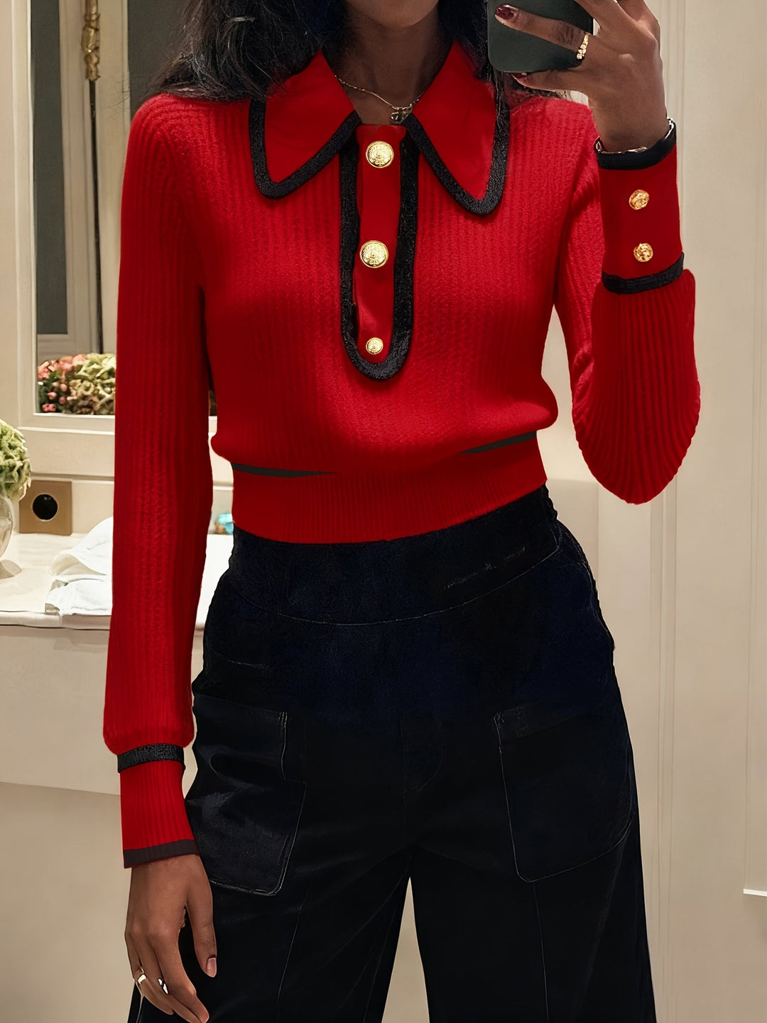 Roweina - Long Sleeve Contrast Trim Button Sweater