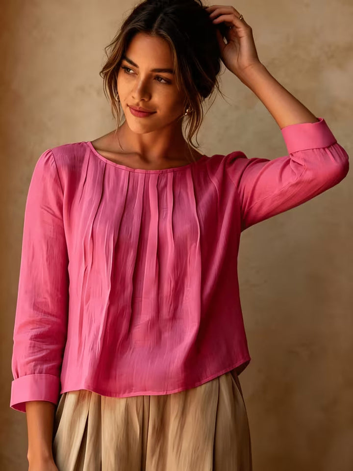 Gelina - Round Neck Blouse With Front Pleats