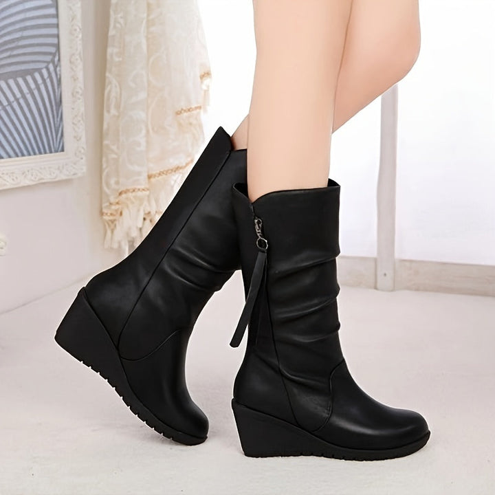 Tessitha - Mid-Calf Thick Sole Heel Ruffle Boots