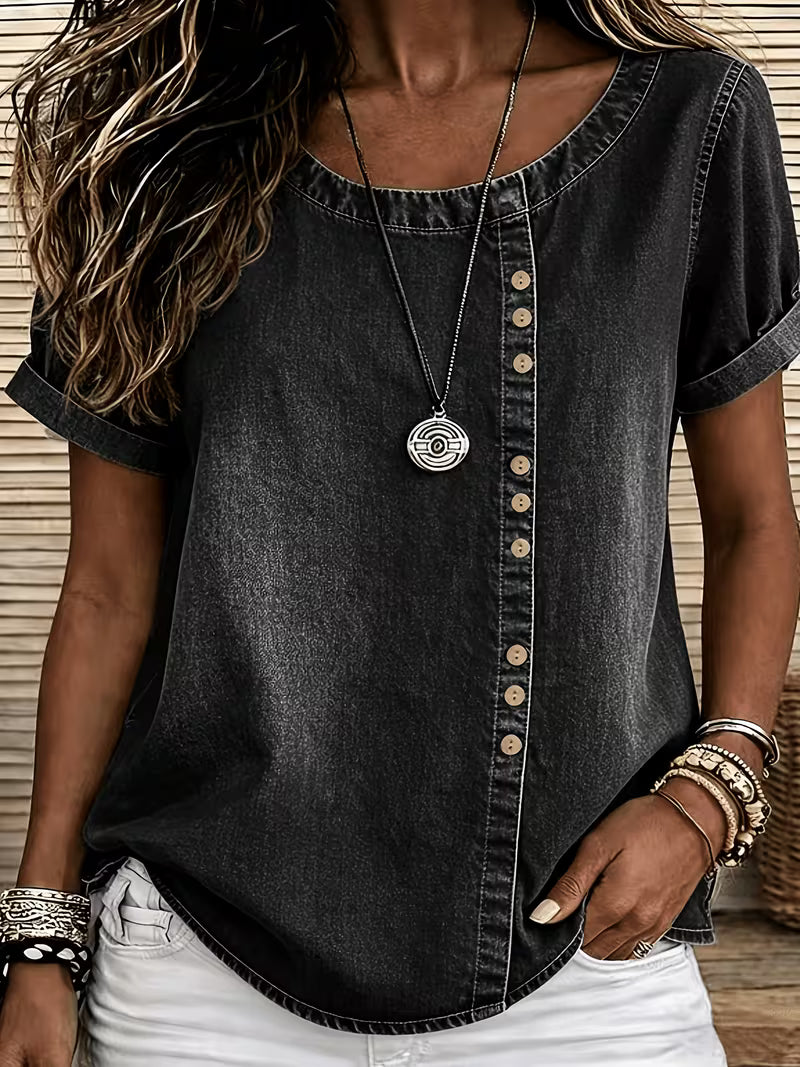 Ferina - Distressed Short Sleeve Denim Top