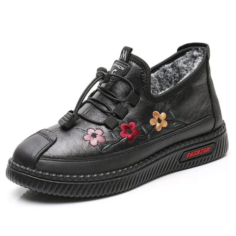 Kalisisa - Fur Lined Floral Embroidered Ankle Boots