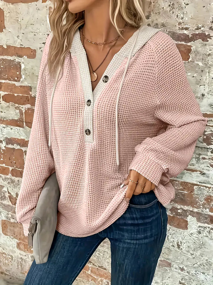 Snezhana - Long Sleeve Button Front Drawstring Hoodie