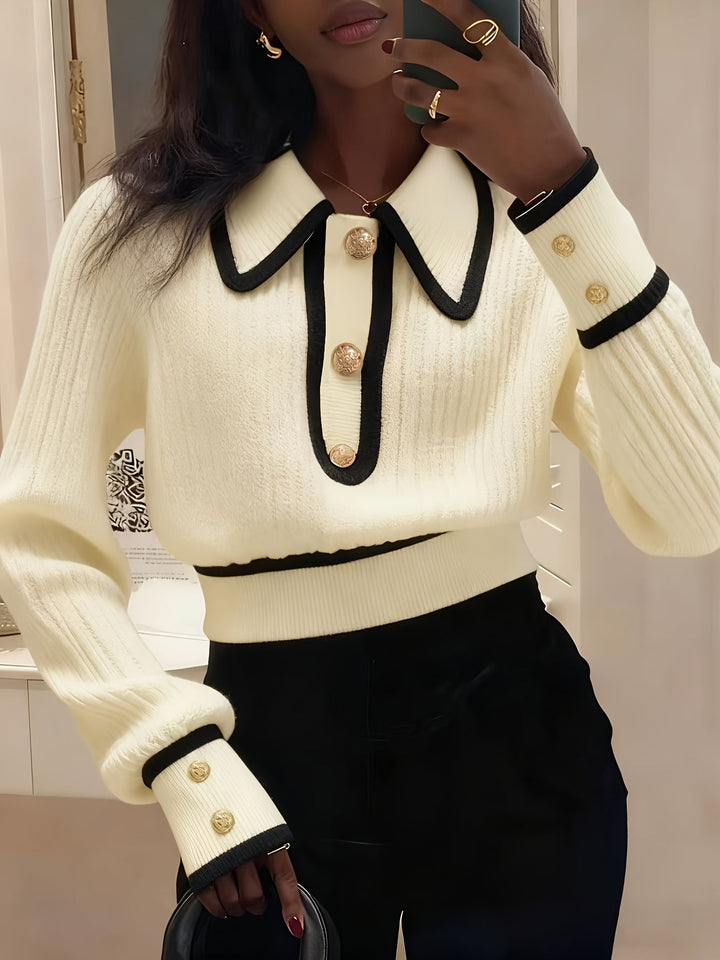 Roweina - Long Sleeve Contrast Trim Button Sweater