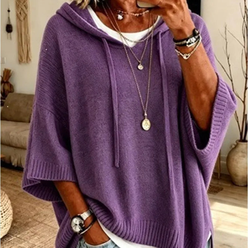 Oriaette - Oversized Knit Hoodie With Drawstring