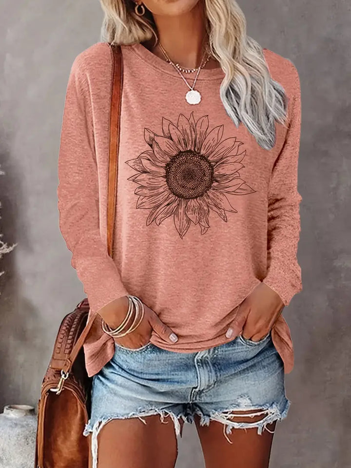 Levine - Elegant Long Sleeve Tunic Top With Sunflower Print