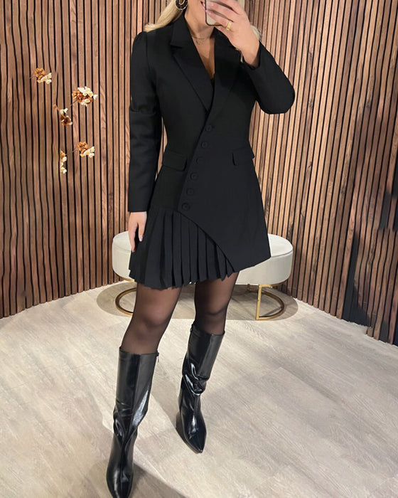 Luminita - Long Sleeve And Pleated Blazer Dress With Lapel Collar