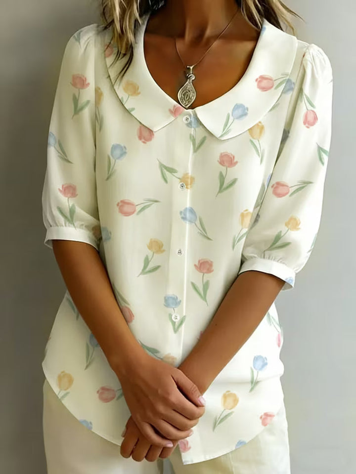 Alvique - Floral Print Collar Short Sleeve Blouse