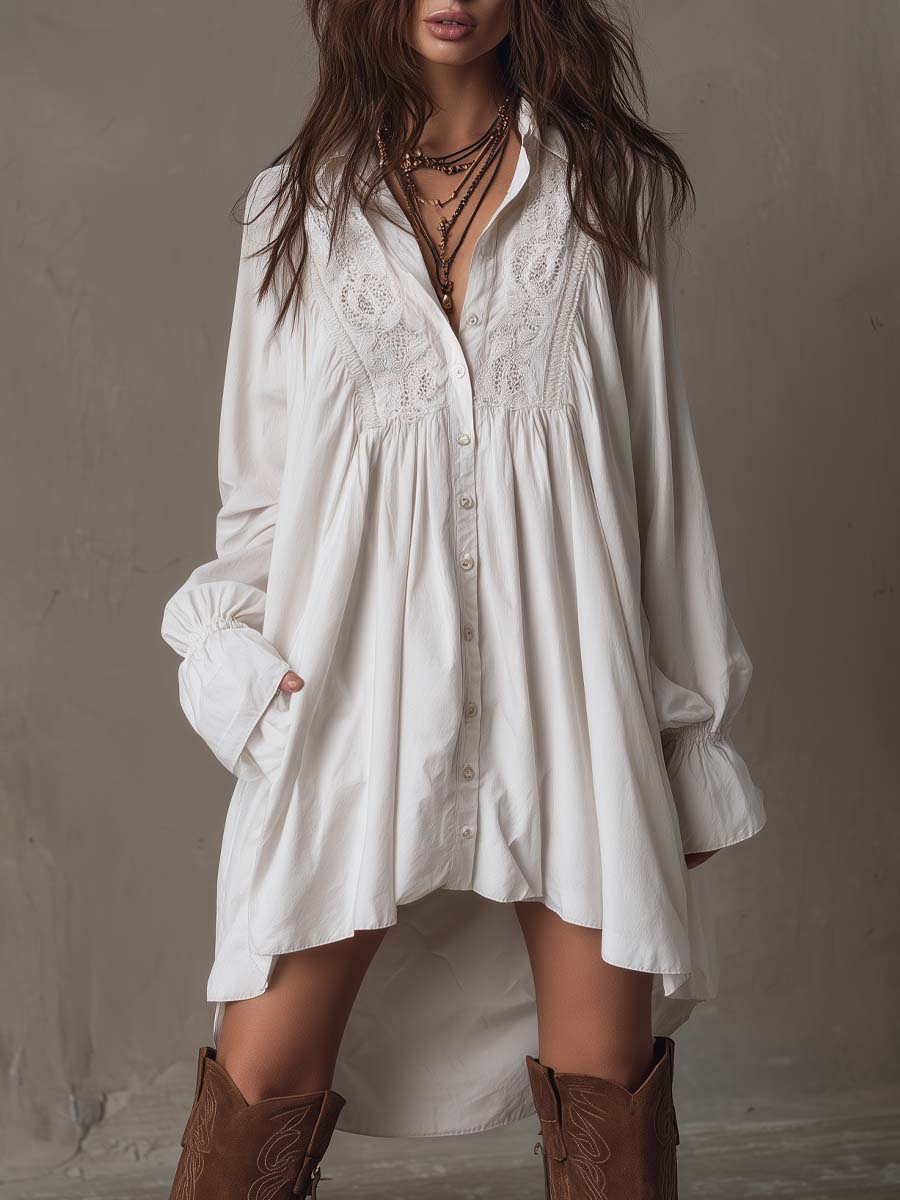 Amparo - Irregular Hem Long-sleeved Shirt Dress