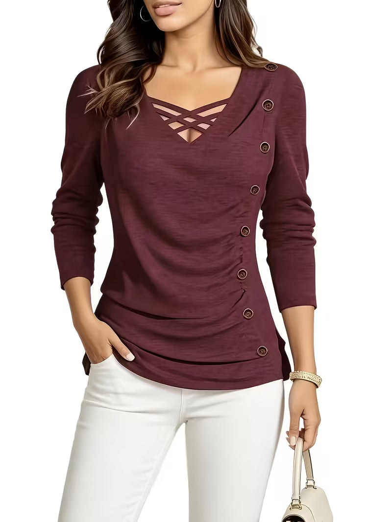 Keziana - V-neck Long Sleeve Button Top