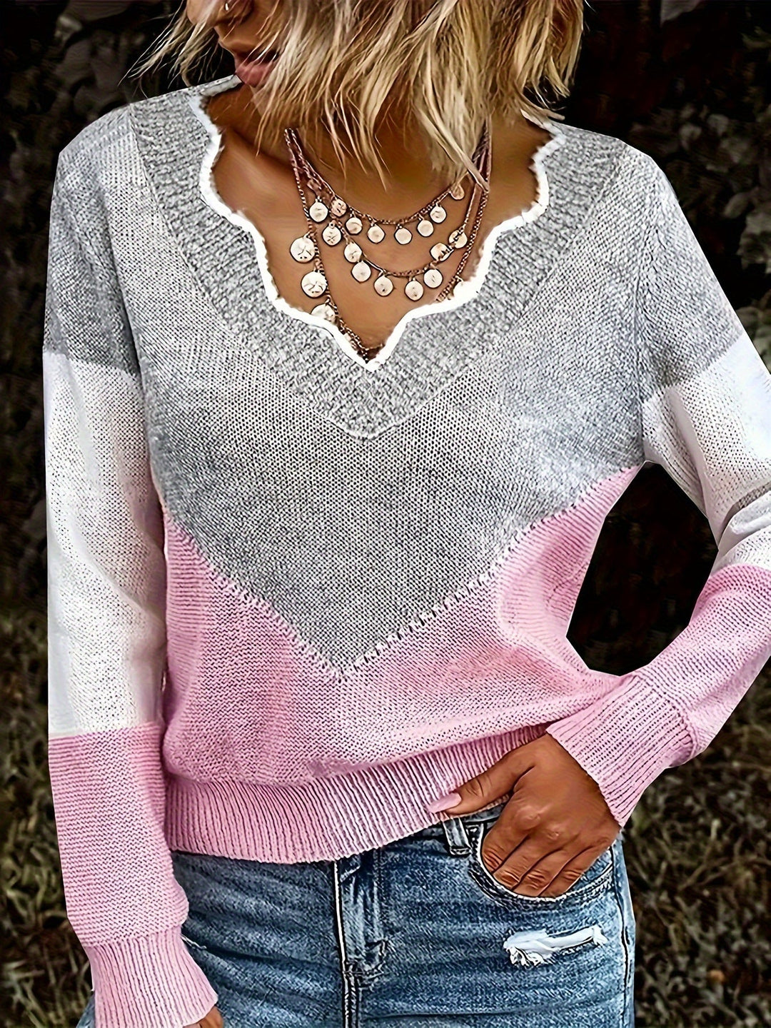 Alivana - Casual Long Sleeve Contrast Sweater