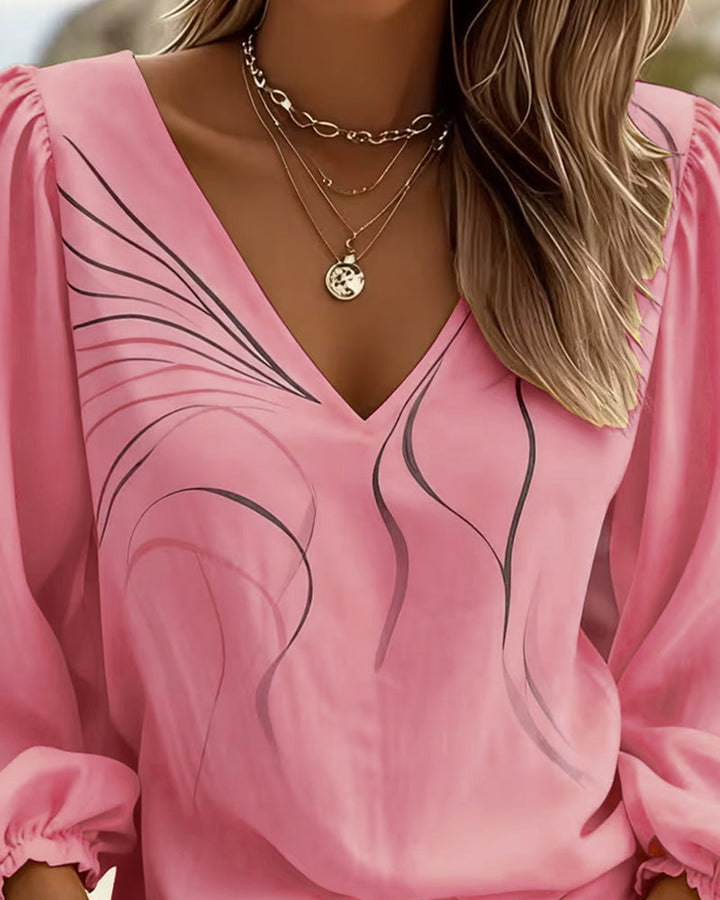 Solyna - V-neck Printed Blouse With Puff Sleeves
