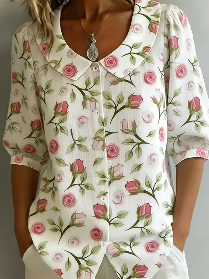 Alvique - Floral Print Collar Short Sleeve Blouse