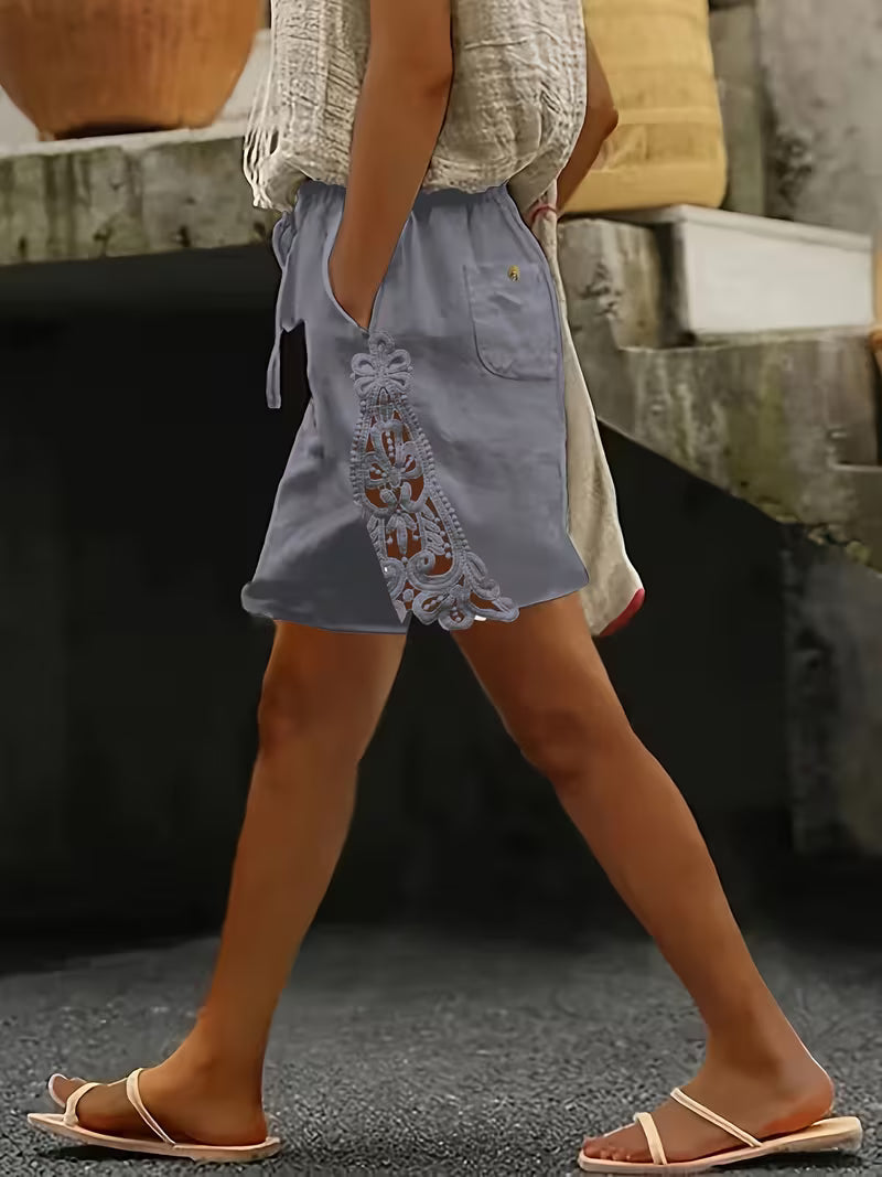 Danek - Floral Lace Panel Elastic Waist Shorts