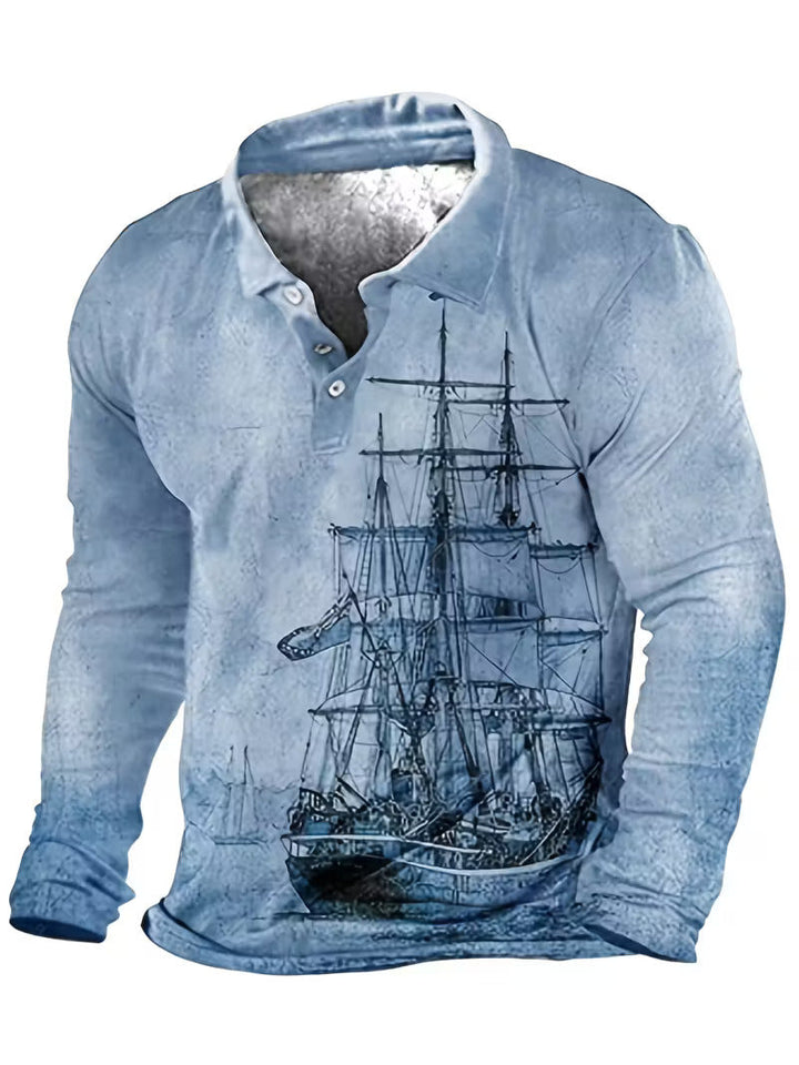 Giles - Stylish 3D Sailboat Print Lapel Shirt