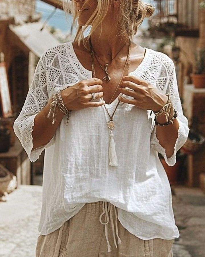 Essien - Lace Sleeve Loose Fit V-Neck Blouse